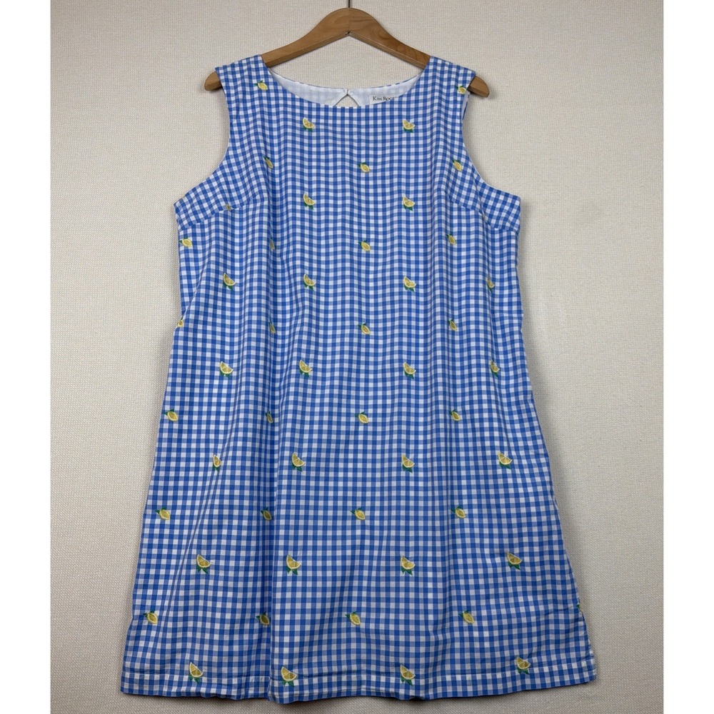 Kim Rogers Lemon Gingham Shift Dress PXL Blue White Embroidered Summer Casual